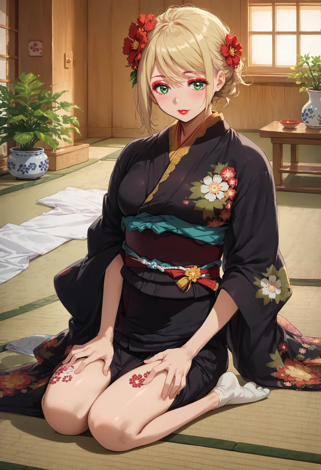 score_9, score_8_up, score_7_up, highres, woman, 20yo, high res image, source_anime, masterpiece, 1girl, solo, detailed face, detailed eyes, eyes half open,
<lora:MoriyamaShiemi:1>, moriyamashiemi, shiemi, blonde hair, short hair, blunt bangs, green eyes, blush, lipstick, hands on her thighs,
makeup, red eyeshadow, medium breasts,
inside, (beautifull floral pattern, black kimono),  kimono with golden accents, accents shining in the light, (red sash), hair flower, sitting on armchair, japanese house, tatami floor, (beautifull garden in background), full body, tabi