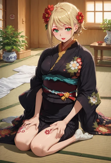 score_9, score_8_up, score_7_up, highres, woman, 20yo, high res image, source_anime, masterpiece, 1girl, solo, detailed face, detailed eyes, eyes half open,
<lora:MoriyamaShiemi:1>, moriyamashiemi, shiemi, blonde hair, short hair, blunt bangs, green eyes, blush, lipstick, hands on her thighs,
makeup, red eyeshadow, medium breasts,
inside, (beautifull floral pattern, black kimono), kimono with golden accents, accents shining in the light, (red sash), hair flower, sitting on armchair, japanese house, tatami floor, (beautifull garden in background), full body, tabi
