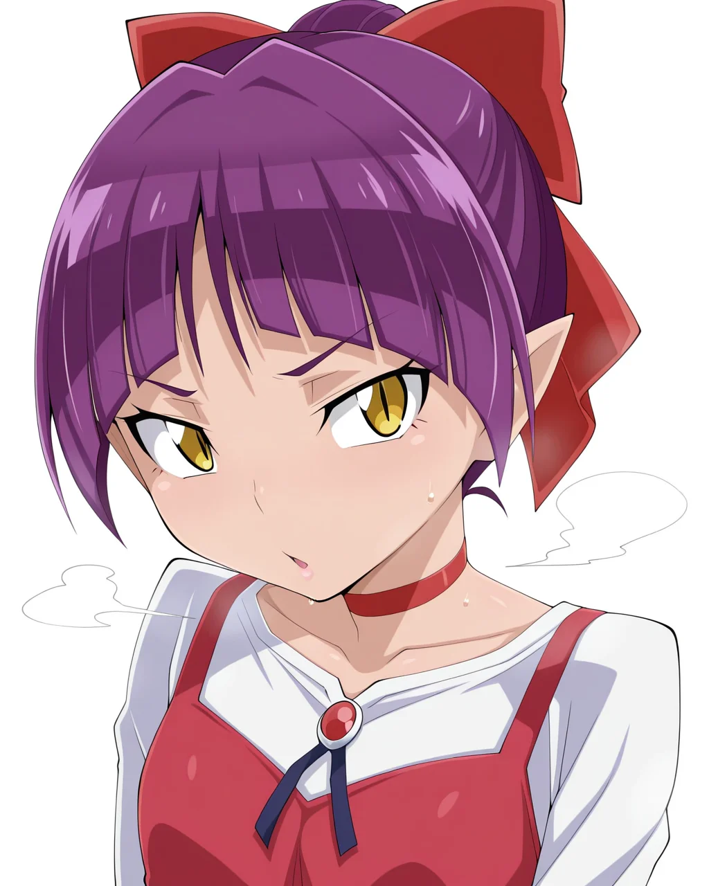 1girl, solo, nekomusume \(gegege no kitarou 6\),purple hair,short hair,red bow,yellow eyes,slit pupils,pointy ears,red dress,pinafore dress,white shirt,red choker, collar, chicago-x, steam, smell, steaming body, looking at viewer, upper body, simple background, white background, masterpiece, best quality, very aesthetic, absurdres