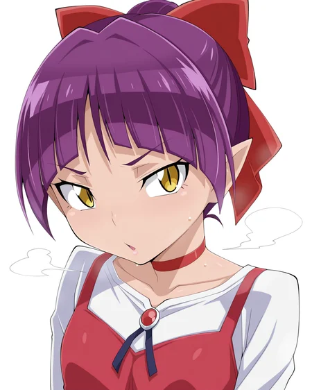 1girl, solo, nekomusume \(gegege no kitarou 6\),purple hair,short hair,red bow,yellow eyes,slit pupils,pointy ears,red dress,pinafore dress,white shirt,red choker, collar, chicago-x, steam, smell, steaming body, looking at viewer, upper body, simple background, white background, masterpiece, best quality, very aesthetic, absurdres