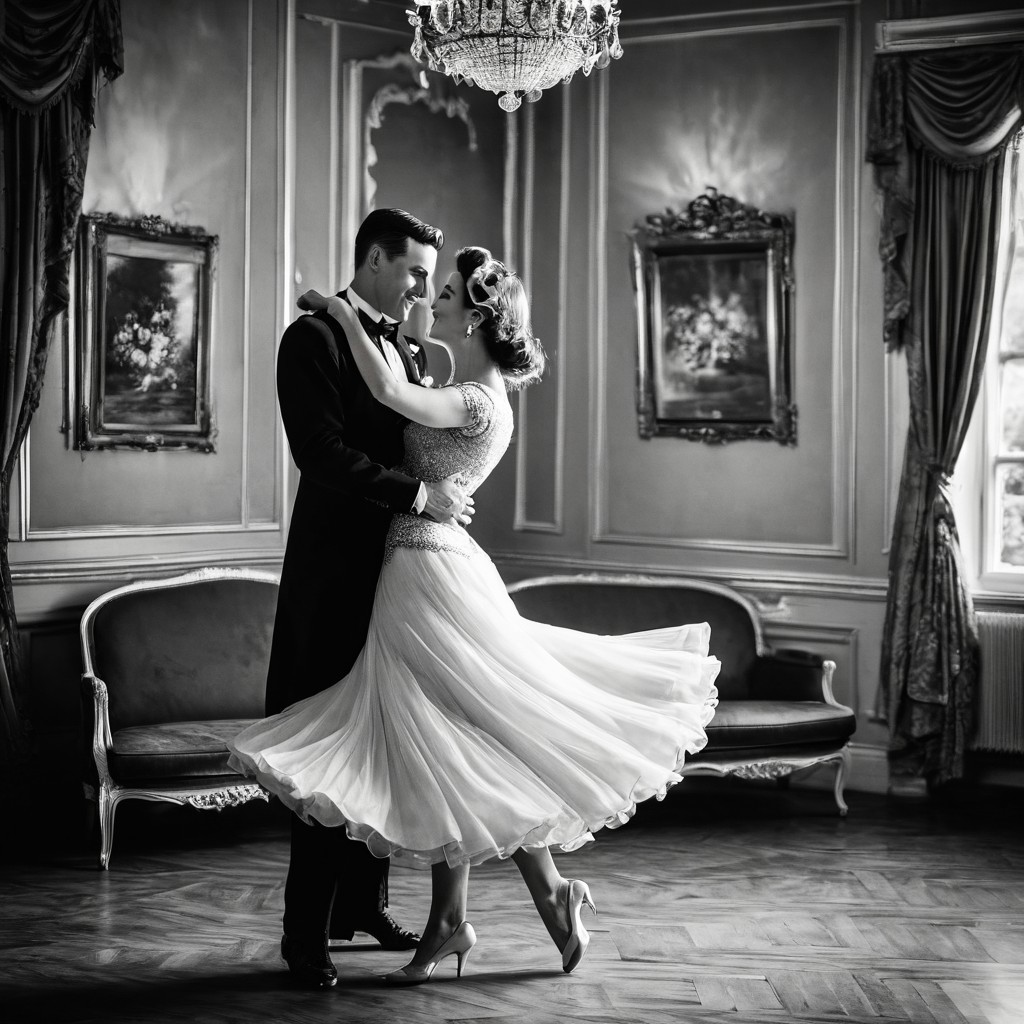 1male, 1female, Graceful couple in stunning vintage outfits, dancing elegantly with poise, retro black and white theme, capturing timeless elegance, focus on the couple as they move gracefully together, with a collection of cherished couple photos displayed in the background, viewed from a bird's-eye perspective, adding depth and a unique angle, enhancing the nostalgic and romantic ambiance.