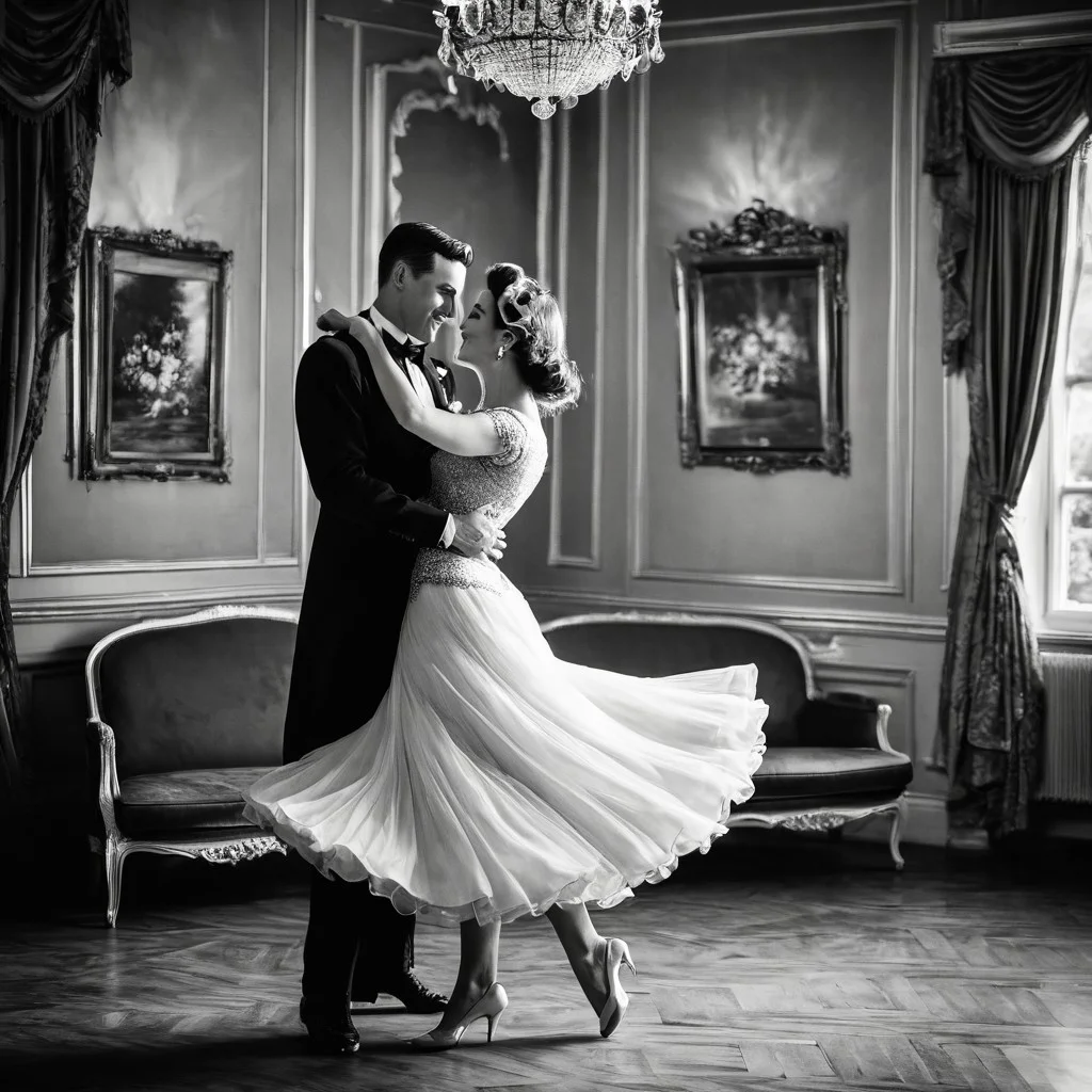 1male, 1female, Graceful couple in stunning vintage outfits, dancing elegantly with poise, retro black and white theme, capturing timeless elegance, focus on the couple as they move gracefully together, with a collection of cherished couple photos displayed in the background, viewed from a bird's-eye perspective, adding depth and a unique angle, enhancing the nostalgic and romantic ambiance.