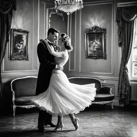 1male, 1female, Graceful couple in stunning vintage outfits, dancing elegantly with poise, retro black and white theme, capturing timeless elegance, focus on the couple as they move gracefully together, with a collection of cherished couple photos displayed in the background, viewed from a bird's-eye perspective, adding depth and a unique angle, enhancing the nostalgic and romantic ambiance.