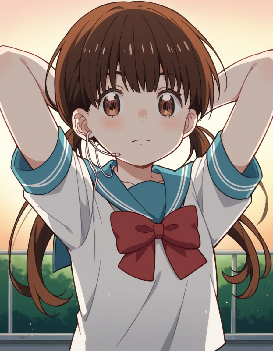 score_9, score_8_up, score_7_up, source_anime, <lora:hinata-kawamoto-s2-ponyxl-lora-nochekaiser:1>, hinata kawamoto, long hair, bangs, brown hair, twintails, brown eyes, low twintails,, shirt, bow, school uniform, white shirt, short sleeves, serafuku, bowtie, sailor collar, red bow, blue sailor collar, red bowtie,, suburban neighborhood, morning jog, earphones, running shoes, fresh air, sunrise, , looking at viewer, hands behind head,, solo,, dutch angle,