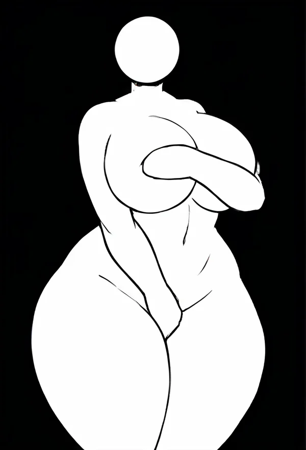 <lora:wrnsignPDXL_11b:1> black background, black lineart, white body, flat colors, solo, humanoid, female, nude, big breasts, wide hips, thick thighs, standing, covering, covering breasts, covering crotch