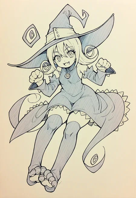 score_9, score_8_up,score_7_up, source_ anime, 1girl,
<lora:traditional_slider_v1_NEGWEIGHT:-1>, <lora:souleater_blair_ponyXL:0.8> seblair, witch hat, black dress, detached sleeves, black thighhighs, paw pose, cute, :3,