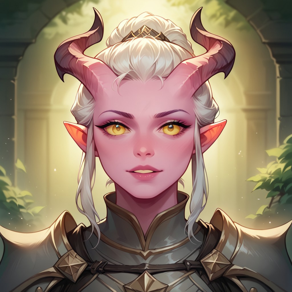 (((detailed, beautiful, high quality))), score_9, score_8_up, score_7_up, upper body, solo, 
tiefling, pointed ears, horns, tail,
1 girl, pink skin, yellow eyes, white hair, gathered hair, grey armor,
looking at the viewer, posing, 
fantasy background, blurred background,