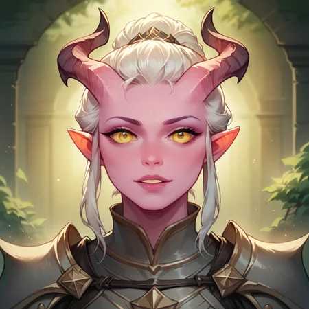 (((detailed, beautiful, high quality))), score_9, score_8_up, score_7_up, upper body, solo, 
tiefling, pointed ears, horns, tail,
1 girl, pink skin, yellow eyes, white hair, gathered hair, grey armor,
looking at the viewer, posing, 
fantasy background, blurred background,