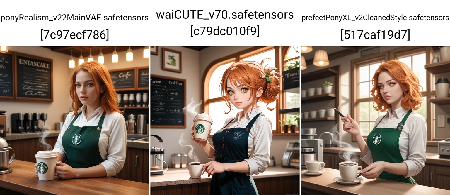 uncensored, score_9, score_8_up, score_7_up, score_6_up, score_5_up, score_4_up, 1girl, medium breasts, a skilled woman barista making coffee in a cozy cafe, warm ambient lighting, detailed interior, artstation, digital painting, character design, steam rising from fresh coffee, intricate coffee art in the cup, soft textures, realistic shading, by Thomas Kinkade and Artgerm, 4k resolution, cinematic, masterpiece,
<lora:StellaComposite_NotARealPerson_v2.0_PDXL:0.8> stellacomposite, realistic, lips, black and orange hair, victory rolls hair style, Amber colored eyes,,