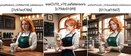 uncensored, score_9, score_8_up, score_7_up, score_6_up, score_5_up, score_4_up, 1girl, medium breasts, a skilled woman barista making coffee in a cozy cafe, warm ambient lighting, detailed interior, artstation, digital painting, character design, steam rising from fresh coffee, intricate coffee art in the cup, soft textures, realistic shading, by Thomas Kinkade and Artgerm, 4k resolution, cinematic, masterpiece,
<lora:StellaComposite_NotARealPerson_v2.0_PDXL:0.8> stellacomposite, realistic, lips, black and orange hair, victory rolls hair style, Amber colored eyes,,