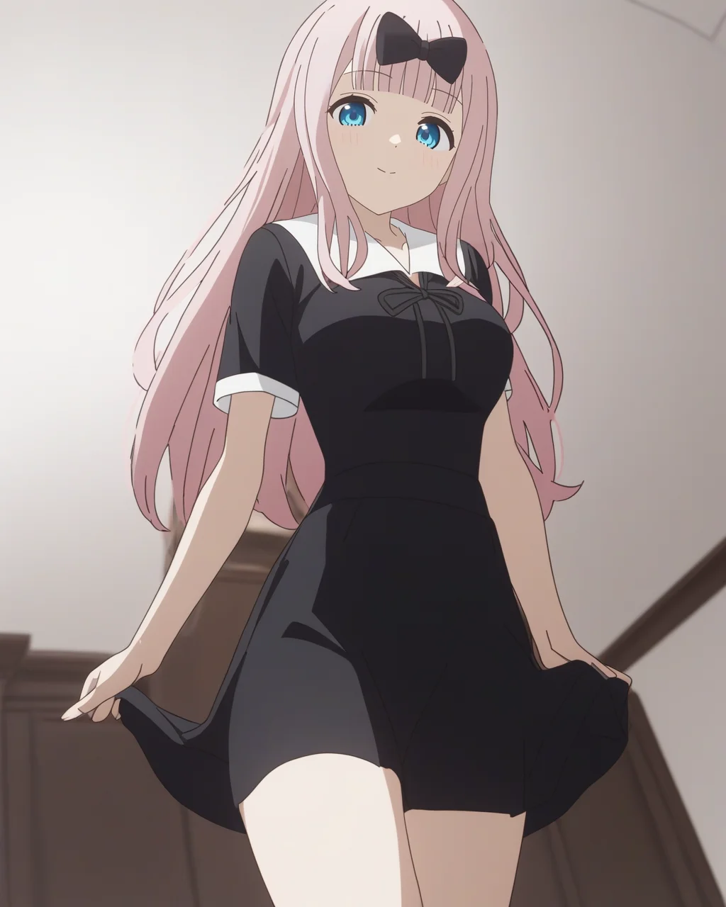 best quality,masterpiece,highres,1girl,solo,newest,rating: general, looking at viewer ,    <lora:Chika_XL:0.9> ,(chika, long hair, bow, pink hair, blunt bangs, black bow, fujiwara chika, hair bow), (school uniform, shuuchiin academy school uniform, black dress)