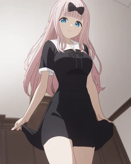 best quality,masterpiece,highres,1girl,solo,newest,rating: general, looking at viewer , <lora:Chika_XL:0.9> ,(chika, long hair, bow, pink hair, blunt bangs, black bow, fujiwara chika, hair bow), (school uniform, shuuchiin academy school uniform, black dress)