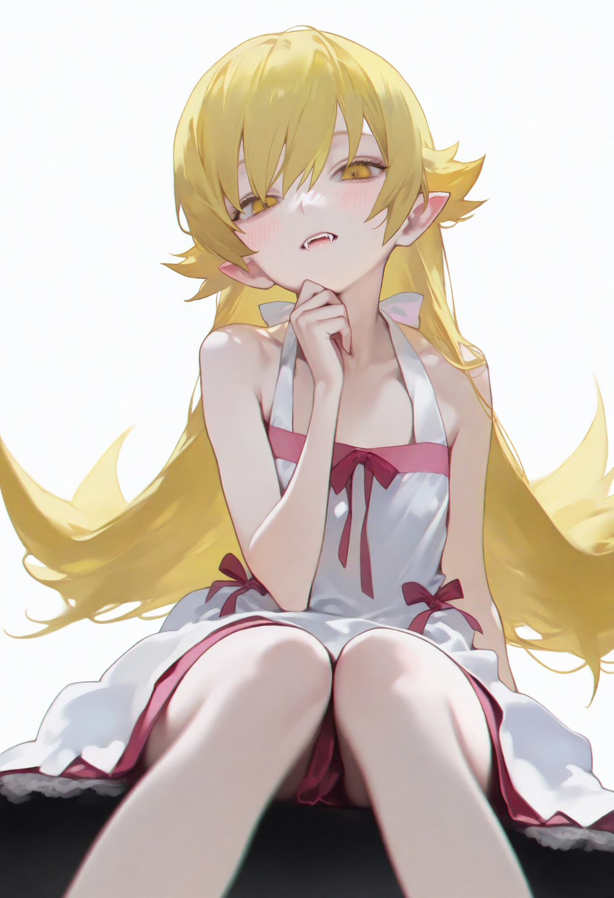 masterpiece, best quality, good quality, deadpurity, chromatic aberration, film grain,
oshino shinobu, 1girl, solo, long hair, looking at viewer, blush, simple background, blonde hair, white background, dress, bare shoulders, sitting, yellow eyes, sleeveless, pointy ears, hand on chin, white dress, sleeveless dress, feet out of frame, fangs, pink bow, vampire, disdain, from below,
<lora:ai_styles_collection_noob_vpred-0.75-v3.2:1>
