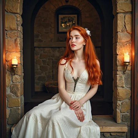hyperrealistic art watercolor painting expressionist Inside an ancient castle, bathed in the glow of flickering candlelight, the redheaded goddess sitting on the cold stone altar, she's wearing a full victorian dress. Her fiery locks spill over the sacred ground as she gazes upward, looking at the viewer, her lips parted in an expression of pure, sinful ecstasy. Itâs an image of contrastâholiness and eroticism intertwined, a vision of defiance in a place of restraint <lora:jialissa64:0.9> jialis . raw, emotional, dynamic, distortion for emotional effect, vibrant, use of unusual colors, detailed . vibrant, beautiful, painterly, detailed, textural, artistic . extremely high-resolution details, photographic, realism pushed to extreme, fine texture, incredibly lifelike