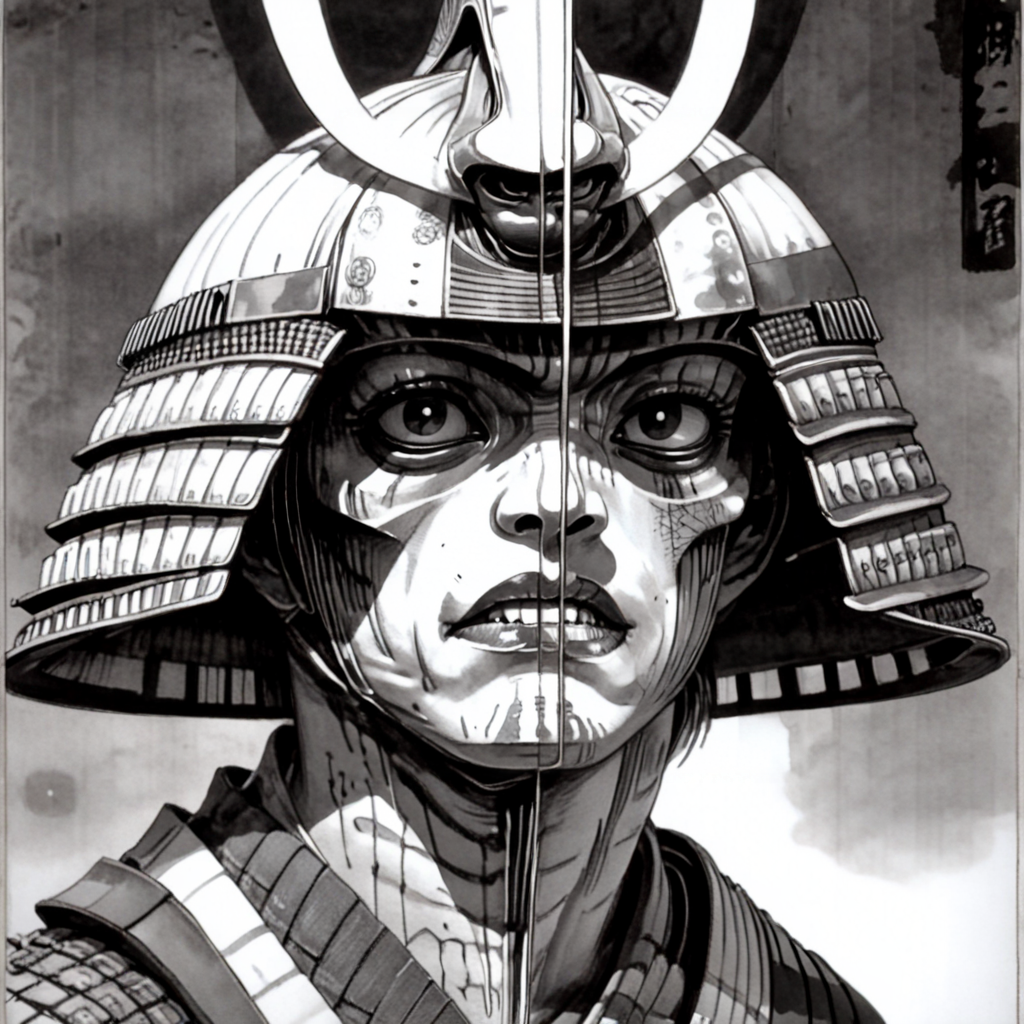 <lora:Monochrome_Graphic_EtchingSDXL:1> ArsMJStyle, Monochrome Graphic Etching, The image shows a black and white drawing of a woman wearing a helmet with a human face visible., kabuto (helmet), monochrome, japanese armor, samurai, greyscale, armor, helmet, 1boy, male focus, solo