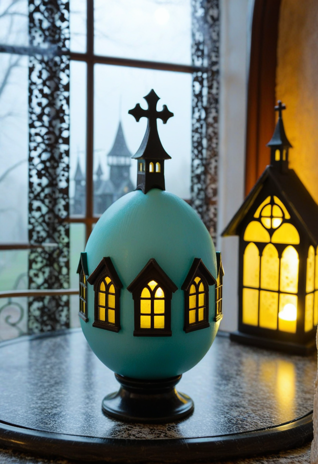 <lora:Sysdeep_EasterEgg:1>, sysdeep_easteregg, miniature easter egg shaped like a haunted mansion, gothic architecture details, tiny windows glowing, spooky fog in background, surreal concept