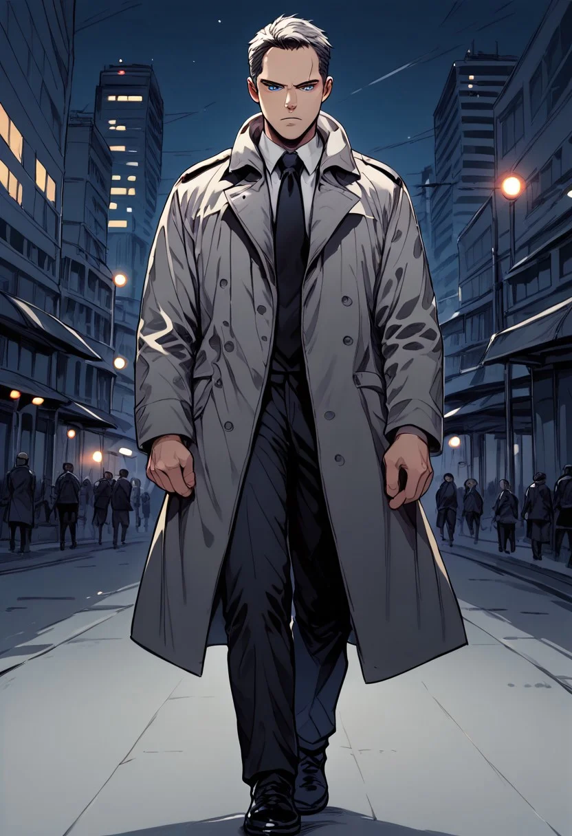 score_9, score_8, score_7, sinozick style, (city background), night, dramatic light, sketch, 1man, walking, mature, blue eyes, black trenchcoat, grey coat, black tie, white shirt, black pants, black shoes, irritated, hold a gun, aiming the viewer, close-up