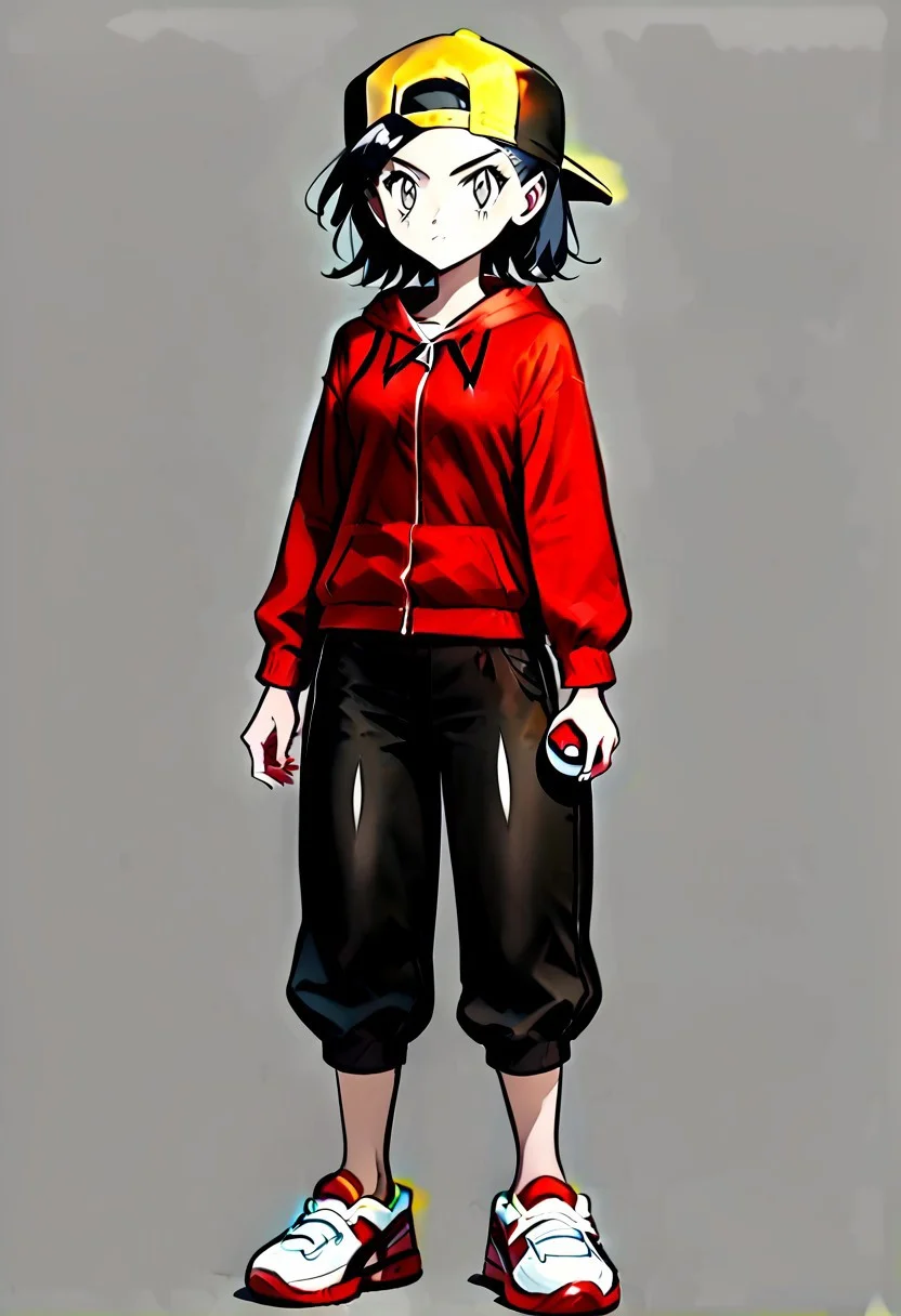 {FemEthan, FemGold, black hair, adult:1.5, medium length hair, grey eyes, 1woman, solo, full body render, throwing a pokeball, black with yellow baseball cap, backwards cap, red hoodie, white shirt, black capri pants, red with white shoes, }
simple background, gray background, flat background, 4kFacePonyXL