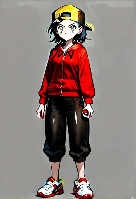 {FemEthan, FemGold, black hair, adult:1.5, medium length hair, grey eyes, 1woman, solo, full body render, throwing a pokeball, black with yellow baseball cap, backwards cap, red hoodie, white shirt, black capri pants, red with white shoes, }
simple background, gray background, flat background, 4kFacePonyXL