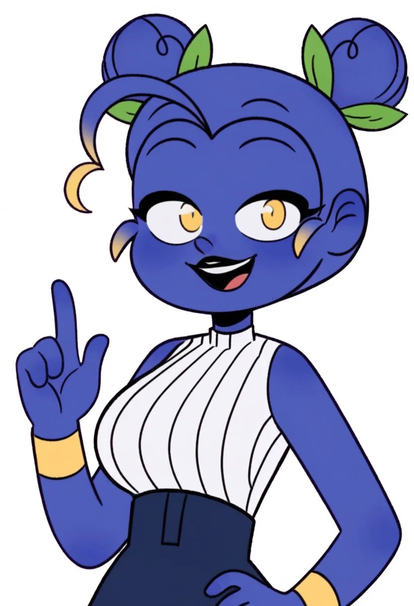 ((white background)),score_9, score_8_up, score_7_up,score_6_up,
1girl, Solo, Zulmi_MT, blue skin, two high buns, green leaf hair accessory, blue hair, yellow eyes, black eyeshadow, black lipstick, white sleeveless blouse, dark blue skirt with blueberry patch, golden bracelets, long white socks, lavender slouchy boots, big eyes, tall stature, social smile, perfect eyes, perfect smile, looking at the viewer, big breasts, detailed eyes, perfect eyes, cute, standing, (front pose, bust shot, close up to face, face portrait:1) 5 fingers, perfect hands, (hand up, hand on hip)