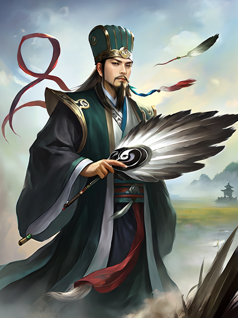 illustration, masterpiece, zhugeliang man, holding feather fan, black hanfu, cloth hat,  full shot, on battlefield <lora:three_kingdoms:0.8>