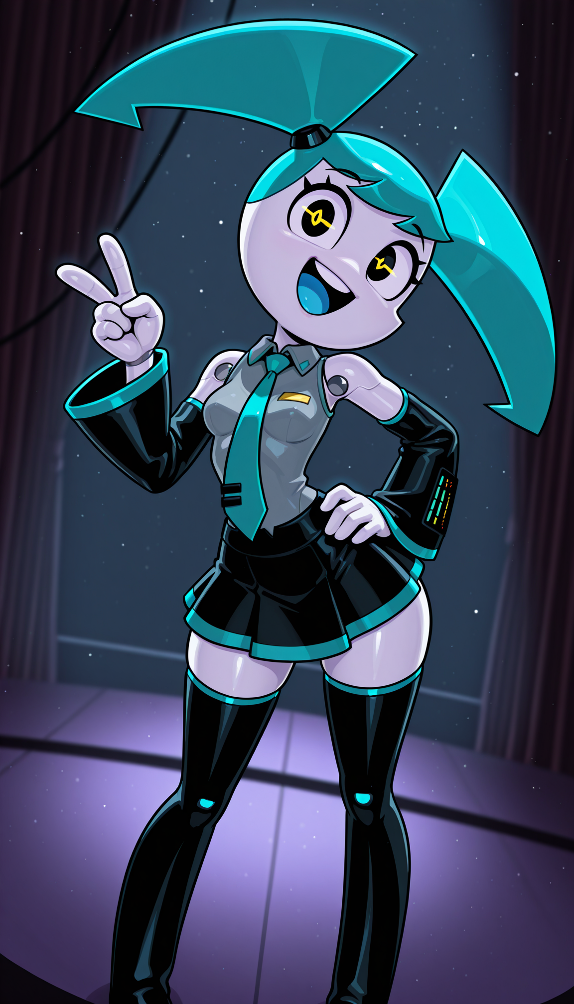 masterpiece, best quality, amazing quality, 4k, very aesthetic, high resolution, ultra-detailed, absurdres, newest, scenery, cartoon, toon, cartoon, dramatic light, 1girl, solo, (jenny wakeman:1.3) AND hatsune miku, (robot, android, part lines:1.2), (white skin, metalic skin, ceramic skin:1.2), collared wide detached sleeve grey shirt, necktie, skirt, thighhighs, (no nose:1.2), [shiny black eyes:symbol-shaped pupils:13], bright pupils, big eyes, one eye half-closed, (winking:0.8), open mouth, smile, blue tongue, standing, posing, twisty pose, head tilt, legs apart, long hair, small breasts, wide hips, narrow waist, from above, face focus, dutch angle, v, one hand on hip, cyberpunk, stage, blue neon, spot light, fine shiny fablic emphasis, BREAK, robot white hands, fingers, eyes, extremely detailed eyes, photorealistic detail, detailed background, volumetric lighting, depth of field