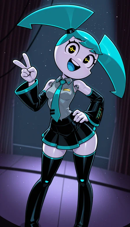 masterpiece, best quality, amazing quality, 4k, very aesthetic, high resolution, ultra-detailed, absurdres, newest, scenery, cartoon, toon, cartoon, dramatic light, 1girl, solo, (jenny wakeman:1.3) AND hatsune miku, (robot, android, part lines:1.2), (white skin, metalic skin, ceramic skin:1.2), collared wide detached sleeve grey shirt, necktie, skirt, thighhighs, (no nose:1.2), [shiny black eyes:symbol-shaped pupils:13], bright pupils, big eyes, one eye half-closed, (winking:0.8), open mouth, smile, blue tongue, standing, posing, twisty pose, head tilt, legs apart, long hair, small breasts, wide hips, narrow waist, from above, face focus, dutch angle, v, one hand on hip, cyberpunk, stage, blue neon, spot light, fine shiny fablic emphasis, BREAK, robot white hands, fingers, eyes, extremely detailed eyes, photorealistic detail, detailed background, volumetric lighting, depth of field