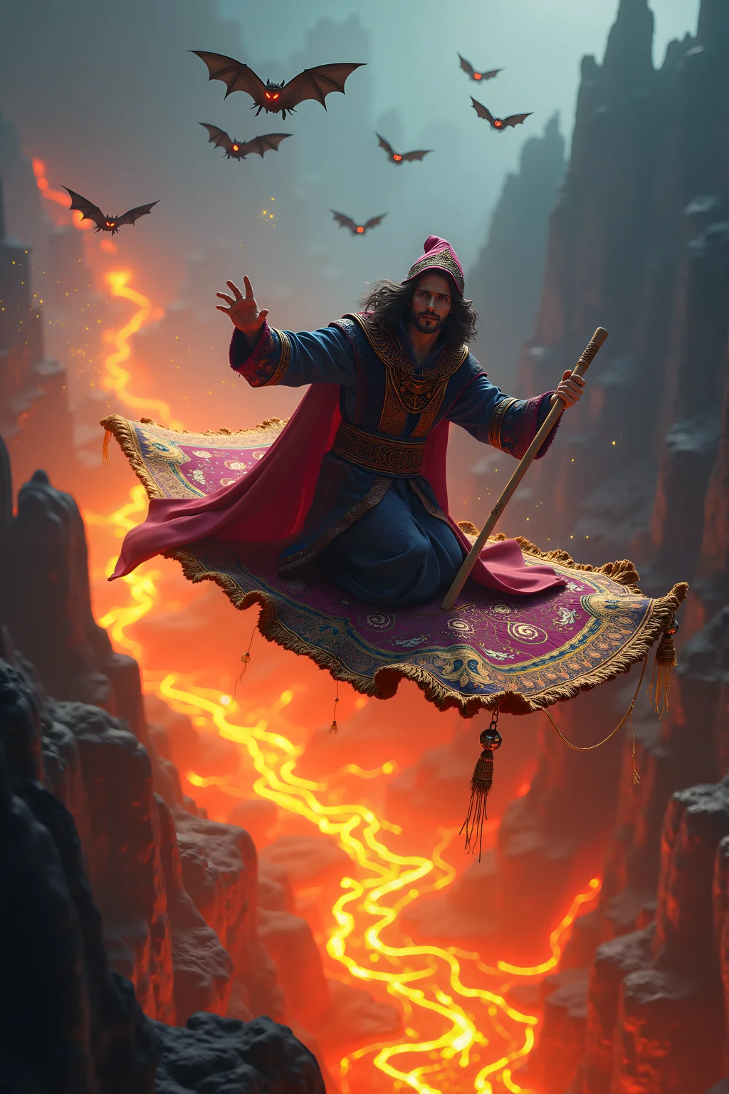 A thrilling scene depicting a mage on a vibrant magic carpet soaring high above a river of molten lava. The mage, clad in ornate, flowing robes adorned with mystical symbols, grips a staff tightly as they navigate their enchanted ride. The magic carpet, richly patterned and shimmering with an ethereal glow, undulates through the air, leaving a trail of sparkling stardust in its wake. Below, the lava bubbles and crackles, casting a fiery orange light that contrasts sharply with the cooler tones of the carpet and mage's attire.
In the air around them, a swarm of menacing, shadowy bats with glowing red eyes swoops in, adding a sense of urgency and danger. The mage's determined expression and focused gaze reflect the high stakes of their escape. The background features jagged volcanic rocks and a smoky, hazy sky, with the intense glow of the lava creating dramatic lighting that highlights the action. The scene is dynamic and vibrant, capturing the excitement of the mage’s daring flight amidst the perilous landscape.