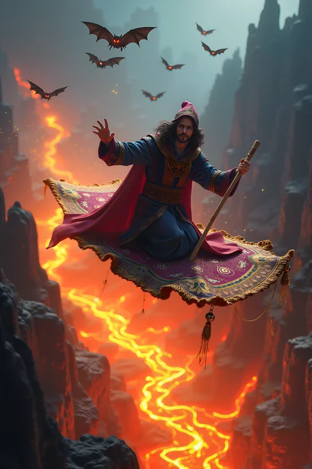 A thrilling scene depicting a mage on a vibrant magic carpet soaring high above a river of molten lava. The mage, clad in ornate, flowing robes adorned with mystical symbols, grips a staff tightly as they navigate their enchanted ride. The magic carpet, richly patterned and shimmering with an ethereal glow, undulates through the air, leaving a trail of sparkling stardust in its wake. Below, the lava bubbles and crackles, casting a fiery orange light that contrasts sharply with the cooler tones of the carpet and mage's attire.
In the air around them, a swarm of menacing, shadowy bats with glowing red eyes swoops in, adding a sense of urgency and danger. The mage's determined expression and focused gaze reflect the high stakes of their escape. The background features jagged volcanic rocks and a smoky, hazy sky, with the intense glow of the lava creating dramatic lighting that highlights the action. The scene is dynamic and vibrant, capturing the excitement of the mage’s daring flight amidst the perilous landscape.