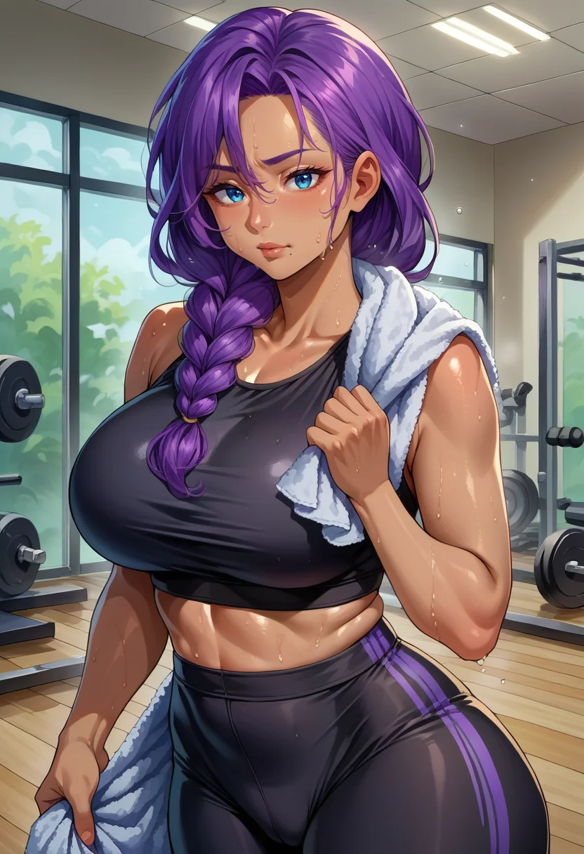 score_9, score_8_up, source_anime, 1girl, solo, ChaMmVT, mature female, blue eyes, mole under mouth, purple hair, long hair, braided ponytail, hair over shoulder, dark skin, black sports bra, sweaty clothes, yoga pants, groin, sweat, wiping sweat, holding towel, gym, indoors, <lora:ChamChaChaPonyXL:1>