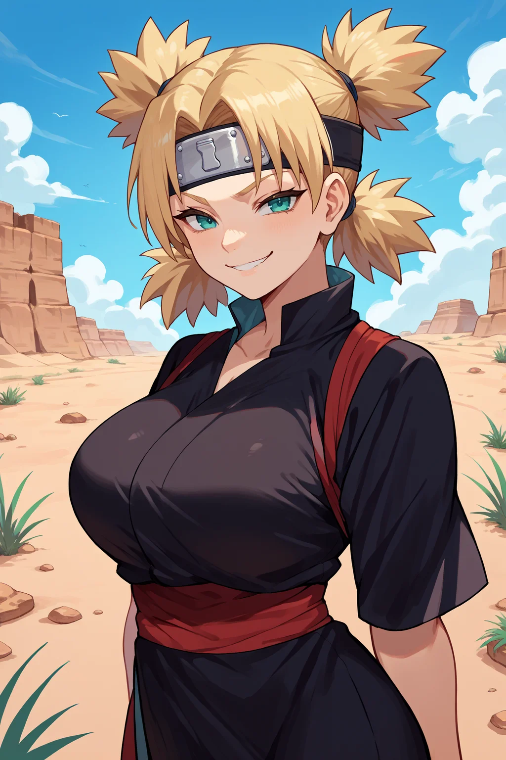 score_9, score_8_up, score_7_up, score_6_up, source_anime, 1girl, solo, <lora:temari-pdxl-nvwls-v1-000007:1> tmri, blonde hair, short hair, cyan eyes, forehead protector, black kimono, short sleeves, red sash, big breasts, looking at you, smug, smile, desert, blue sky