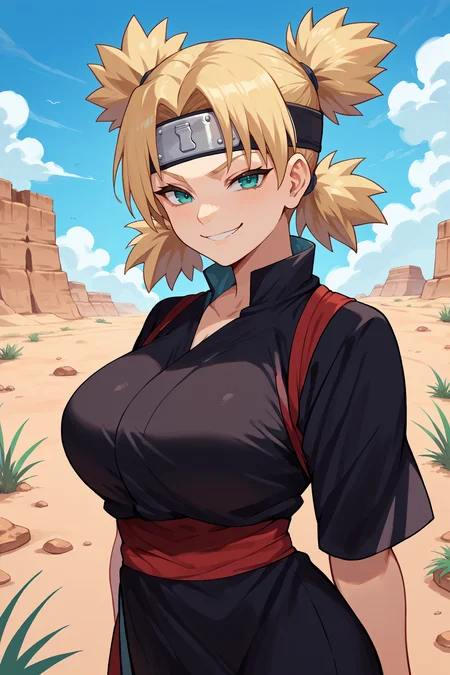 score_9, score_8_up, score_7_up, score_6_up, source_anime, 1girl, solo, <lora:temari-pdxl-nvwls-v1-000007:1> tmri, blonde hair, short hair, cyan eyes, forehead protector, black kimono, short sleeves, red sash, big breasts, looking at you, smug, smile, desert, blue sky