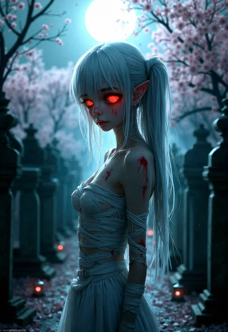Photorealistic photography of an Ethereal bandaged figure with glowing eye A delicate female figure with silver hair, wrapped in bloody white bandages, with a glowing red eye, standing in a stark, minimalistic environment.The character tilts her head slightly to the side, with a curious expression.A peaceful cemetery with old, weathered gravestones, surrounded by mist and softly glowing lanterns.A tranquil grove filled with blooming cherry blossom trees, with petals gently falling to the ground.A dark, starry night with a full moon casting a gentle, silver glow over the scene.