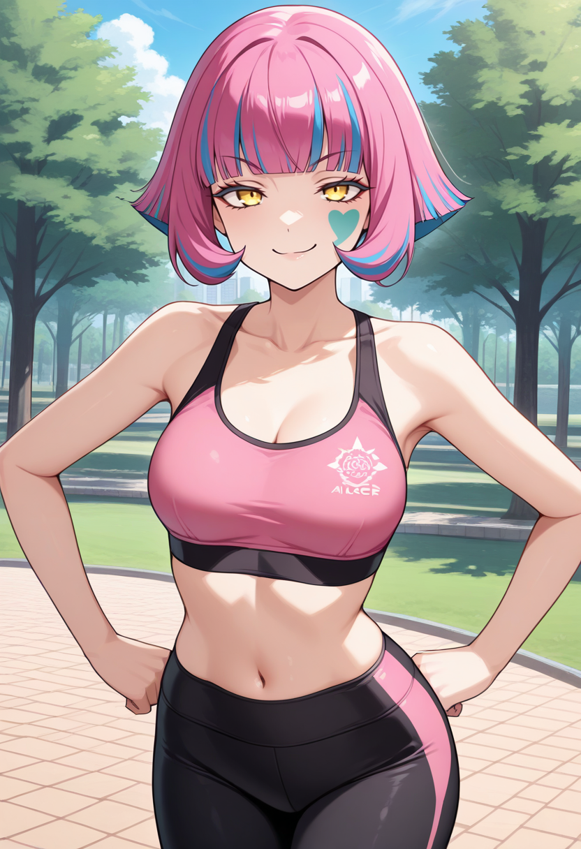 masterpiece, best quality, 1girl, solo, looking at viewer, cowboy shot, smile, park, blue sky hands on hips
pink sports bra, black yoga pants
<lora:zs_ShadowAliceILLU:1> alicep5s, multicolored hair, pink hair, blue hair, short hair, blunt bangs, yellow eyes, facial mark, smug, assertive female