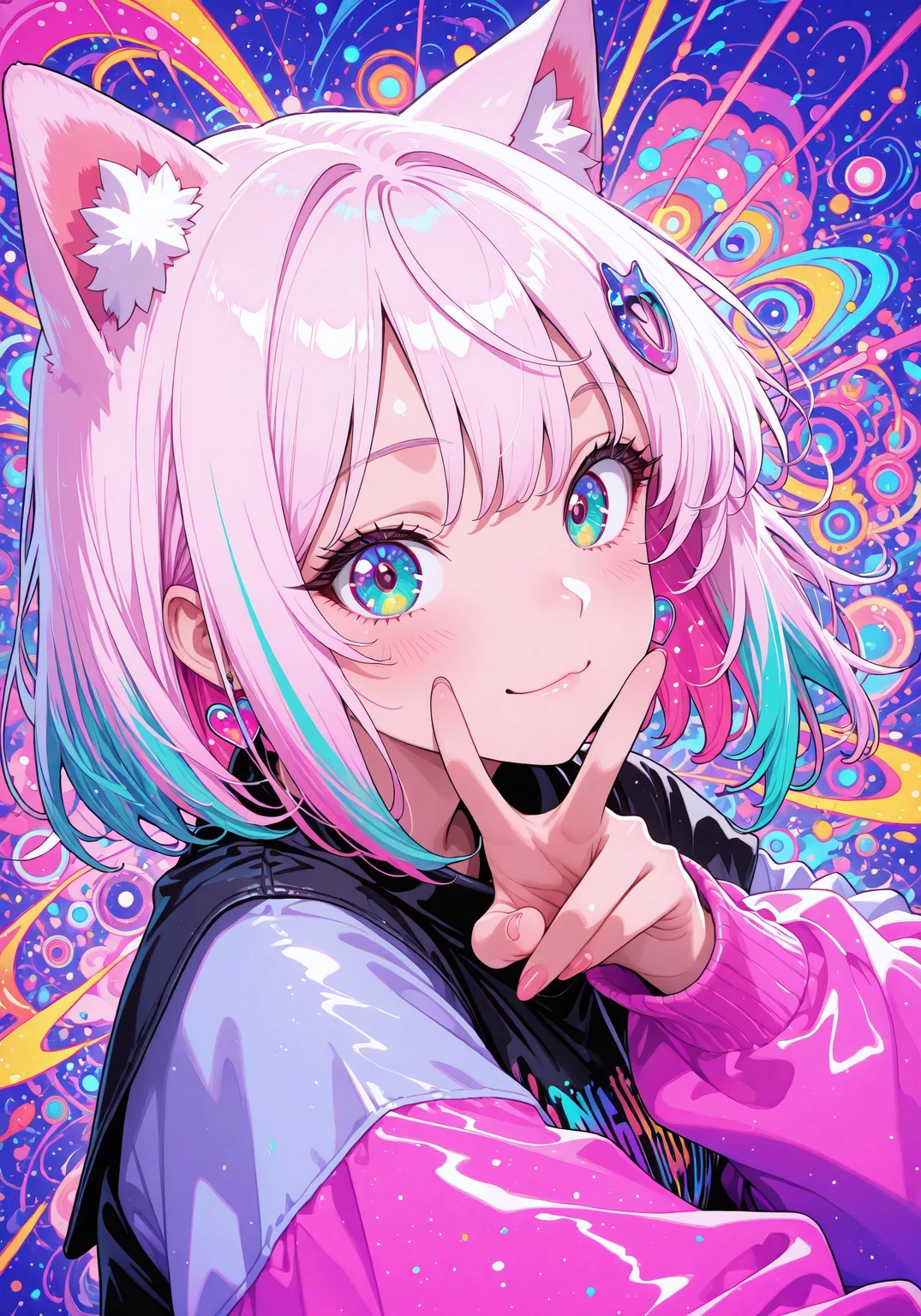 lazypos, masterpiece, best quality, scenery, 1girl, cat girl, cat ears, solo, upper body, medium shot, looking at viewer, straight-on angle, colorful, multicolored hair, multicolored eyes, dynamic pose, double v, ✌️, very aesthetic, retro vaporwave palette, shiny highlights, high contrast, absurdres, newest, no lineart, decorated face, bandaid on nose, stickers, vivid colors, pop style, punk fashion, thick outlines, anime style, saturated background, expressive eyes, chibi elements, cat hair clip, heart motif, hand near face, playful expression, bold composition, from side, smooth