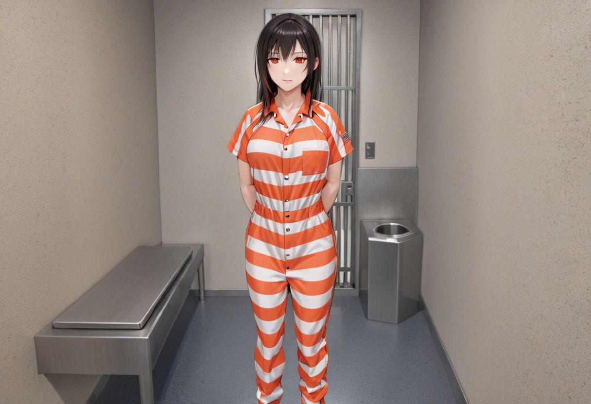 MAXSEC_STYLE_CELL, dark theme, (1girl tifa standing wearing orange_white_striped_jumpsuit), cell_interior_shot, ((cell_door_v2)), cell_desk, steel_toilet, single_bed
