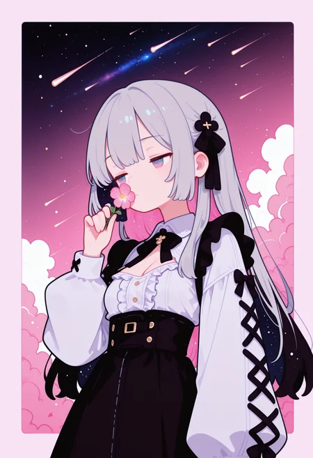 masterpiece, best quality, good quality, newest, highres, absurdres, from below,
pastel cyan eyes, grey hair, multi colored hair, long hair, hair ornament, twintale, colored inner hair,
half closed eyes, dazed, emotionless, small breasts, cleavage,
white shirt, frills, long sleeves, dark black  skirt, center frills,
frilled skirt, high-waist skirt, puffy long sleeves, black bow, collared shirt, puffy sleeves, laced sleeves ,
1girl, solo, upper body,
smelling flower, many nemophilas in background,
hand up,  looking to the side, leaf,  simple gradient pink  background with thick white border,
symmetrical clouds,
skyscrapers covered by snow in background, , (galaxies in sky, light particles, many shooting starts),
Flat vector illustration, fl4t,
<lora:fl4t:1.2>