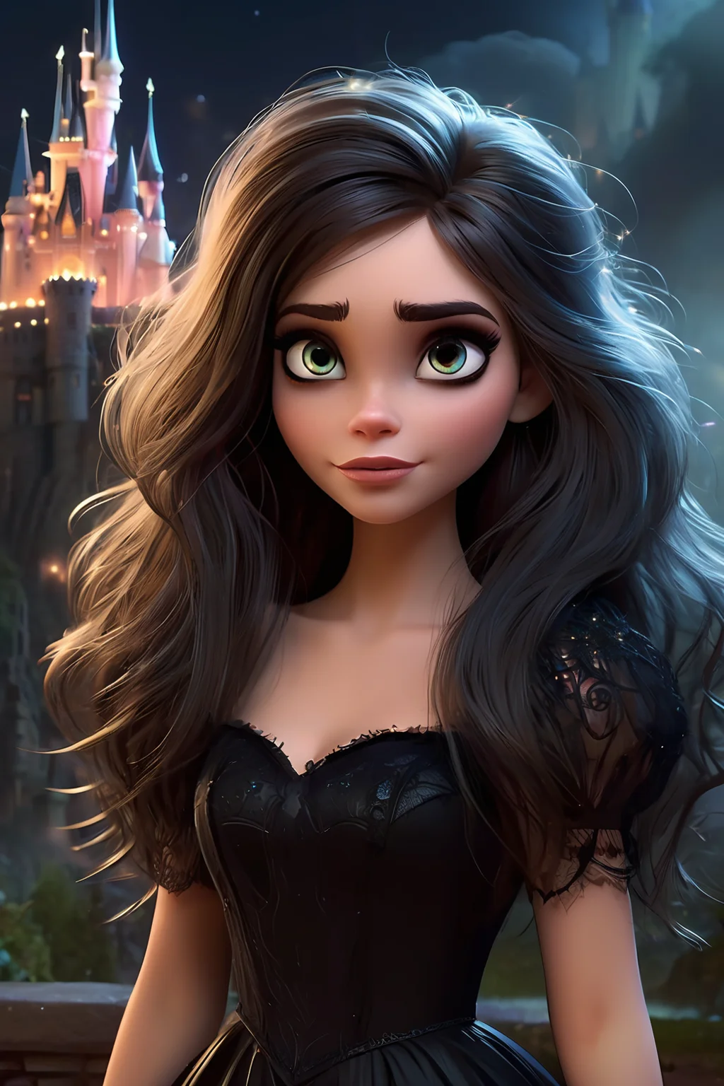 Hyperdetailed Photography, cute disney styled evil horror princess, long scruffy hair, eyeliner, (detailed face), black dress, reflection, (fantasy horror castle background, overlooking cliff, particles, mist, fog, night, lots of details), sharp focus, (pixar style:1.2), <lora:Fantasy_realistic_pixar_style-000004:0.8>