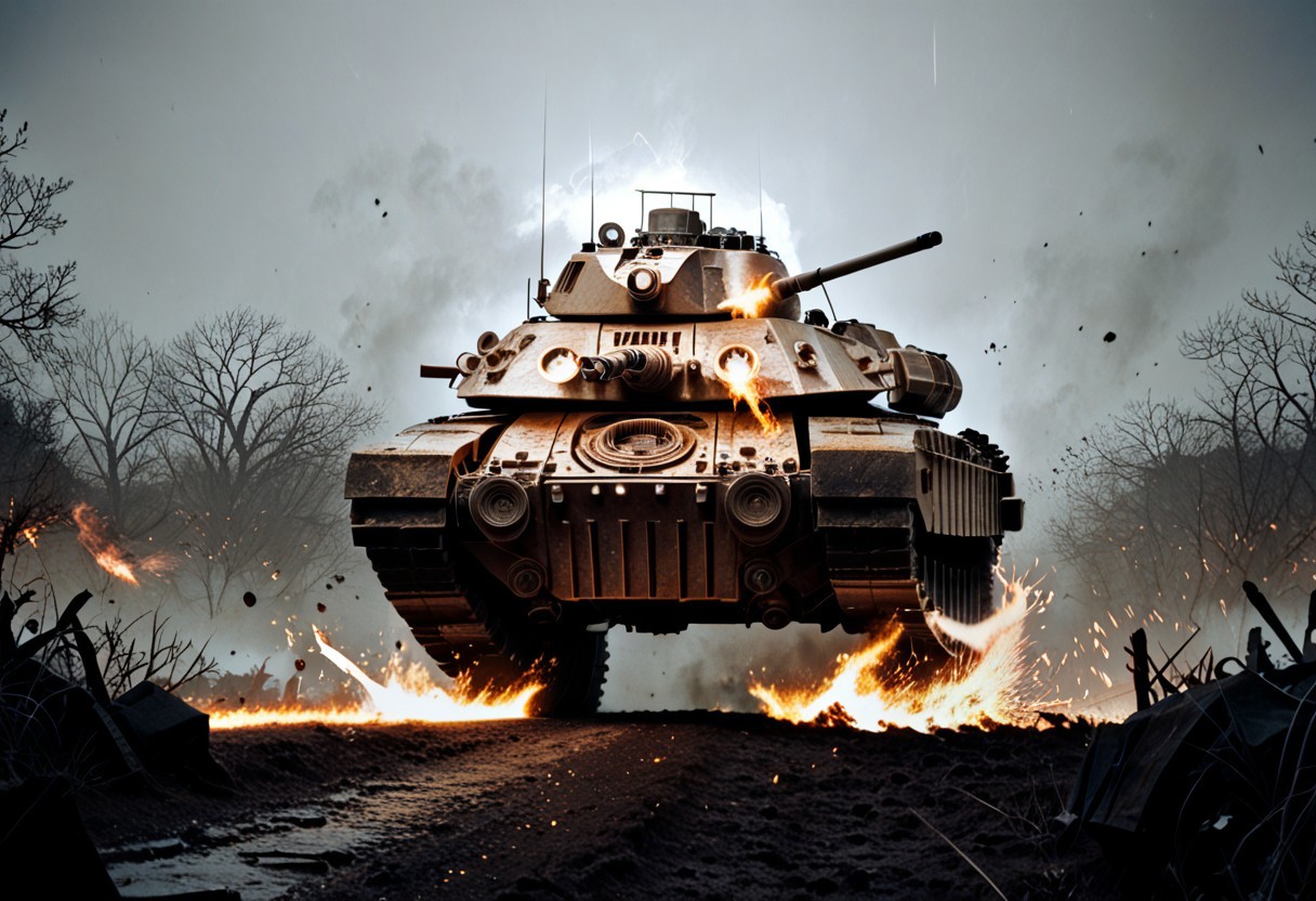 score_9, score_8_up, score_7_up, score_6_up, score_5_up, score_4_up, rating_safe,source_photorealistic,RAW,cinematic shot,cinematic film still cinematic photo ,film grain,a tank in a battlefield with fire and explosions in a torrential downpour