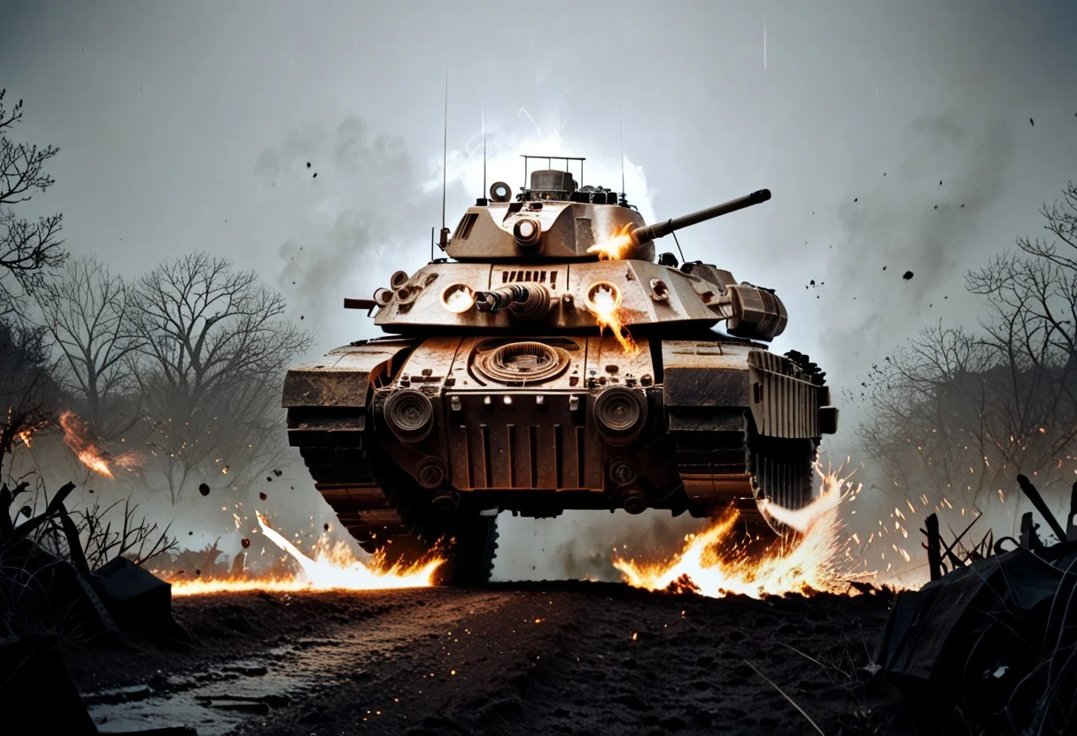 score_9, score_8_up, score_7_up, score_6_up, score_5_up, score_4_up, rating_safe,source_photorealistic,RAW,cinematic shot,cinematic film still cinematic photo ,film grain,a tank in a battlefield with fire and explosions in a torrential downpour