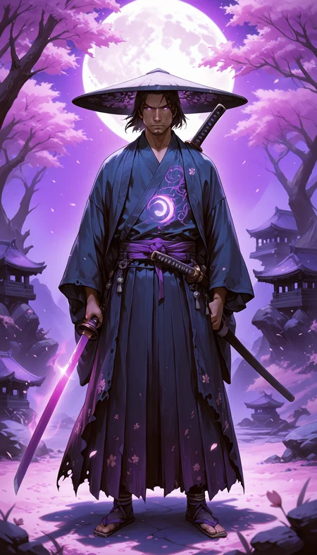 masterpiece, best quality, good quality, very aesthetic, absurdres, newest, 8K, depth of field, focused subject,   Create a vivid, dark fantasy artwork featuring a cloaked figure with a wide-brimmed hat, wielding a glowing purple sword. The figure's attire is intricately detailed, with ornate patterns and a flowing robe that billows in the wind. The sword emits a radiant purple light, contrasting with the deep blue and purple hues of the surroundings. The background is a mystical forest with a large, luminous moon, casting a soft glow over the scene. Petals, possibly cherry blossoms, float around, adding to the ethereal ambiance. The overall style is reminiscent of epic fantasy illustrations, with a focus on dramatic lighting and shadow play. solo, 1boy, hat, holding, standing, male_focus, weapon, outdoors, japanese_clothes, sword, holding_weapon, torn_clothes, night, glowing, holding_sword, moon, katana, full_moon, glowing_weapon, glowing_sword,