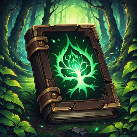 ((masterpiece, best quality)), high resolution, highly detailed, 32k picture,
green zzmagicbook, 
glowing, nature, tree symbol,