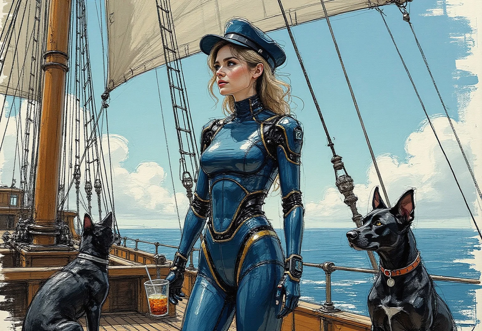 colored sketch in the style of ck-ccd,, highly detailed, woman's head with long blonde hair, wearing a sailor's hat, her face is clearly visible, (on a navy blue cyborg body:3) with gold trim, she's (facing the camera:3), her face and eyes and neck are normal, hands properly formed with only 4 fingers and a thumb, (neon lights outline the woman's legs and arms and encircling her midriff:3), she's (standing on the deck of a pre industrial sailing ship:3), the camera view (is medium wide:3) , the lighting is daylight, the sky is clear and blue, on one side of her sits a cat and on the other side of her sits a cyborg dog, she's holding a cool drink in her hand, on the deck are clearly visible 3 dimensional letters made of ancient iron, the letters say "Destiny"