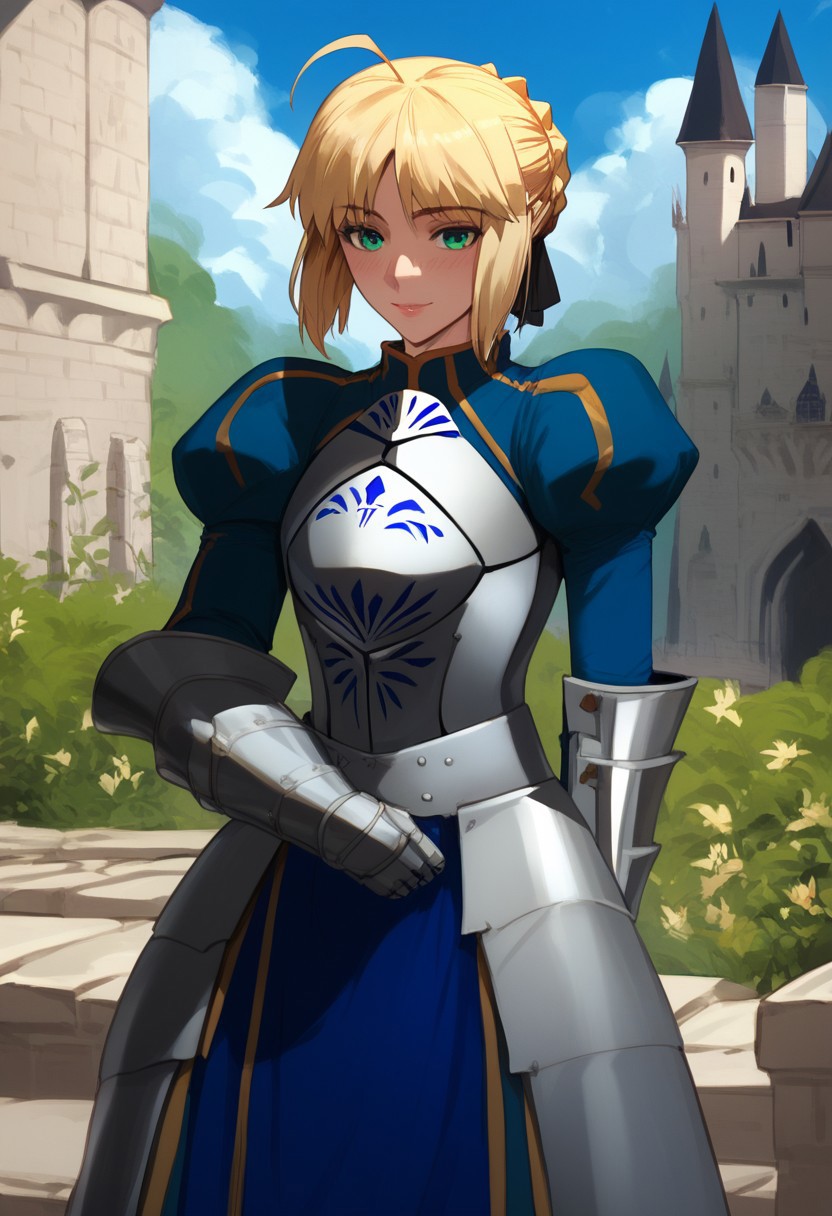 (score_9, score_8_up, score_7_up, high quality, best quality, ultra-detailed, very aesthetic, illustration, perfect composition, intricate details, absurdres, high res image, masterpiece, vibrant colors, beautiful face, detailed face, 1girl, solo focus, perfect eyes, detailed eyes), SaberArmor, female, green eyes, blonde hair, short hair, french braid, ahoge, light blush, pale skin, full lips, large thighs, perfect body, fit body, voluptuous, medium breasts, curvy body, narrow-waisted, wide hips, (breastplate, blue dress, gauntlets, juliet sleeves, faulds), (teasing expression, small smile, suggestive pose), (outdoors, castle, fantasy, medieval architecture)