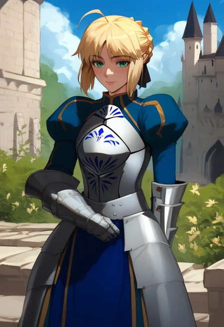 (score_9, score_8_up, score_7_up, high quality, best quality, ultra-detailed, very aesthetic, illustration, perfect composition, intricate details, absurdres, high res image, masterpiece, vibrant colors, beautiful face, detailed face, 1girl, solo focus, perfect eyes, detailed eyes), SaberArmor, female, green eyes, blonde hair, short hair, french braid, ahoge, light blush, pale skin, full lips, large thighs, perfect body, fit body, voluptuous, medium breasts, curvy body, narrow-waisted, wide hips, (breastplate, blue dress, gauntlets, juliet sleeves, faulds), (teasing expression, small smile, suggestive pose), (outdoors, castle, fantasy, medieval architecture)