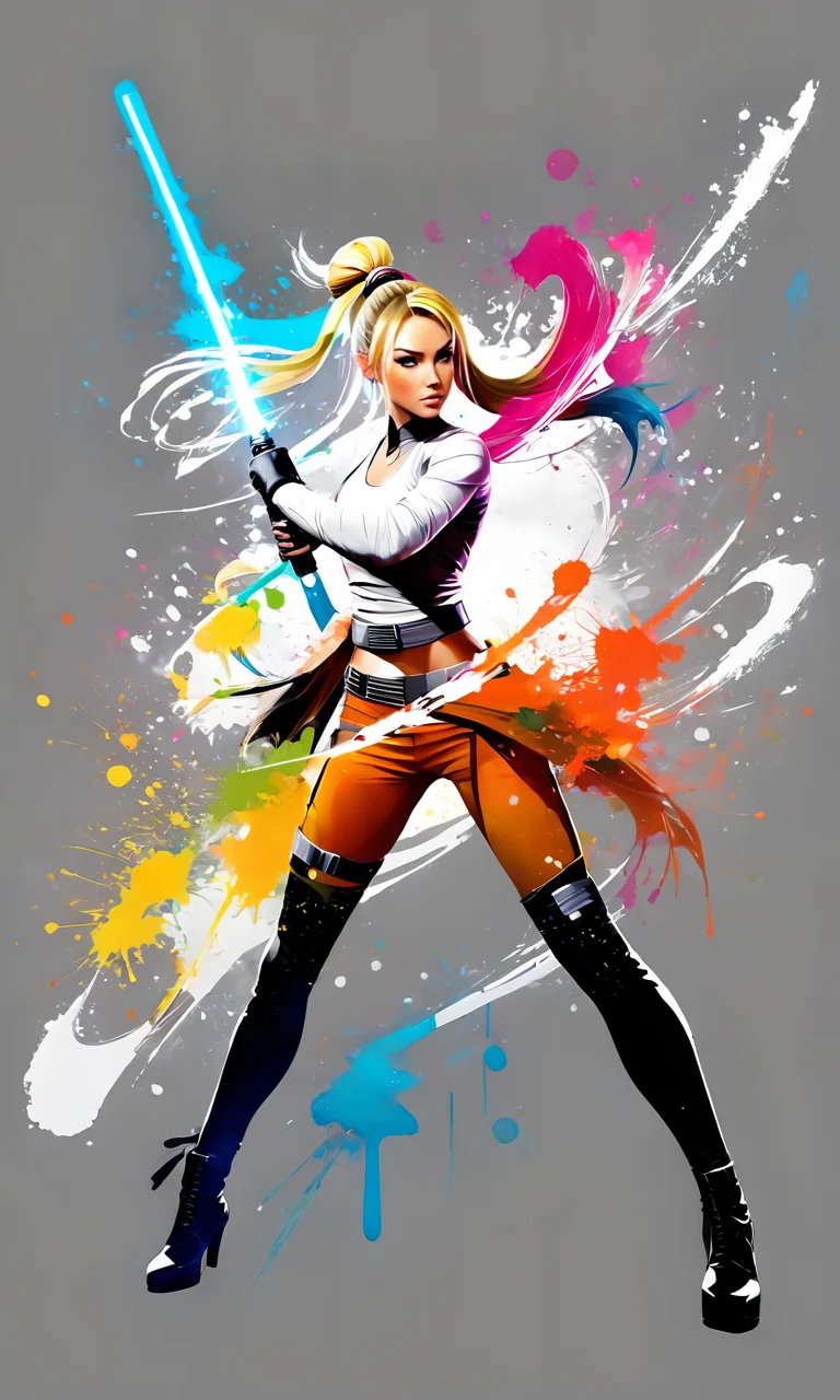 a woman holding a lightsaber, paintsplashsdxl, <lora:paintsplashsdxl:1>, vibrant color, best quality, masterpiece, star wars, jedi, armor, blonde ponytail
