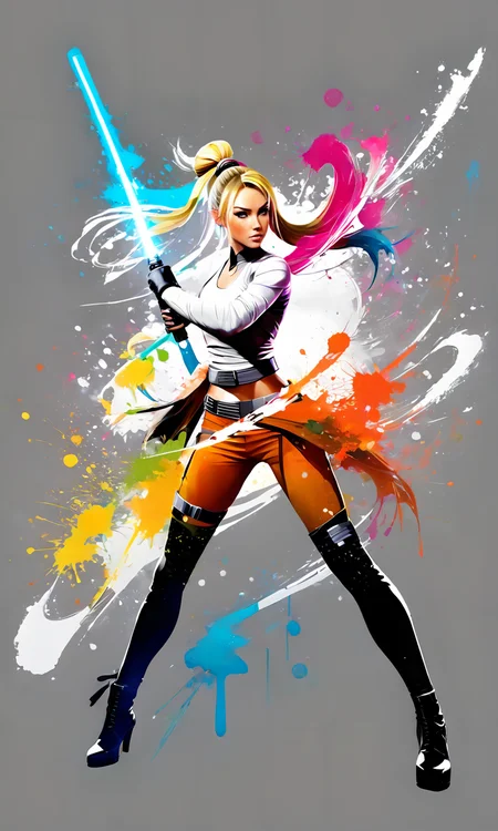 a woman holding a lightsaber, paintsplashsdxl, <lora:paintsplashsdxl:1>, vibrant color, best quality, masterpiece, star wars, jedi, armor, blonde ponytail