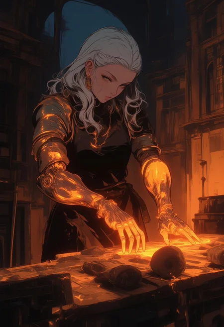 score_9, score_8_up, FFAIM, ne0nfant4sy, vivid color, medieval fantasy, sunlight, blacksmith forge, a female blacksmith with a glowing prosthetic hand,  glowing burnt orange, forging a sword, <lora:Glowing_Prosthetic:1>