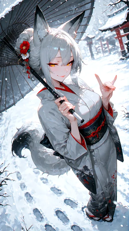 1girl, dynamic angle, mature female, looking at viewer, fox girl, fox tail, smirk, kimono, small breasts, holding oil-paper umbrella, one hand fox shadow puppet, footprints on snow, snowing, chromatic aberration, artistic filter, blurry, gradient, gray theme, masterpiece, best quality, amazing quality, very aesthetic, absurdres, newest, HDR, 8K, high detailed,