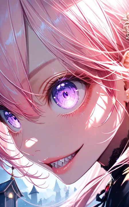 close-up,civchan,pink hair,purple eyes,creepy girl,glowing eyes,sinister smile,sharp teeth,evil grin,gothic,eerie cemetery,night mist,horror lighting,black dress,dramatic eye focus,spooky expression,realistic face,pale skin,long flowing hair,ultra-detailed,(masterpiece:2),(best quality:1.1),Cinematic Lighting,(illustration, 8k CG, extremely detailed),<lora:civichan-base-01-XL:0.9>,<lora:detailed_notrigger:1>,<lora:xl_more_art-full_v1:0.8>,
